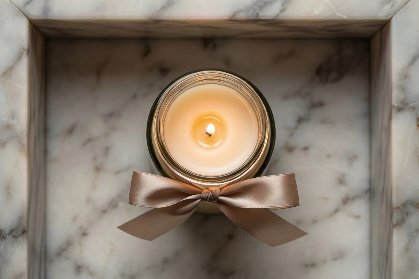 Een brandende kaars in een glazen pot met een beige satijnen strik staat op een witte marmeren plank met grijze aders.