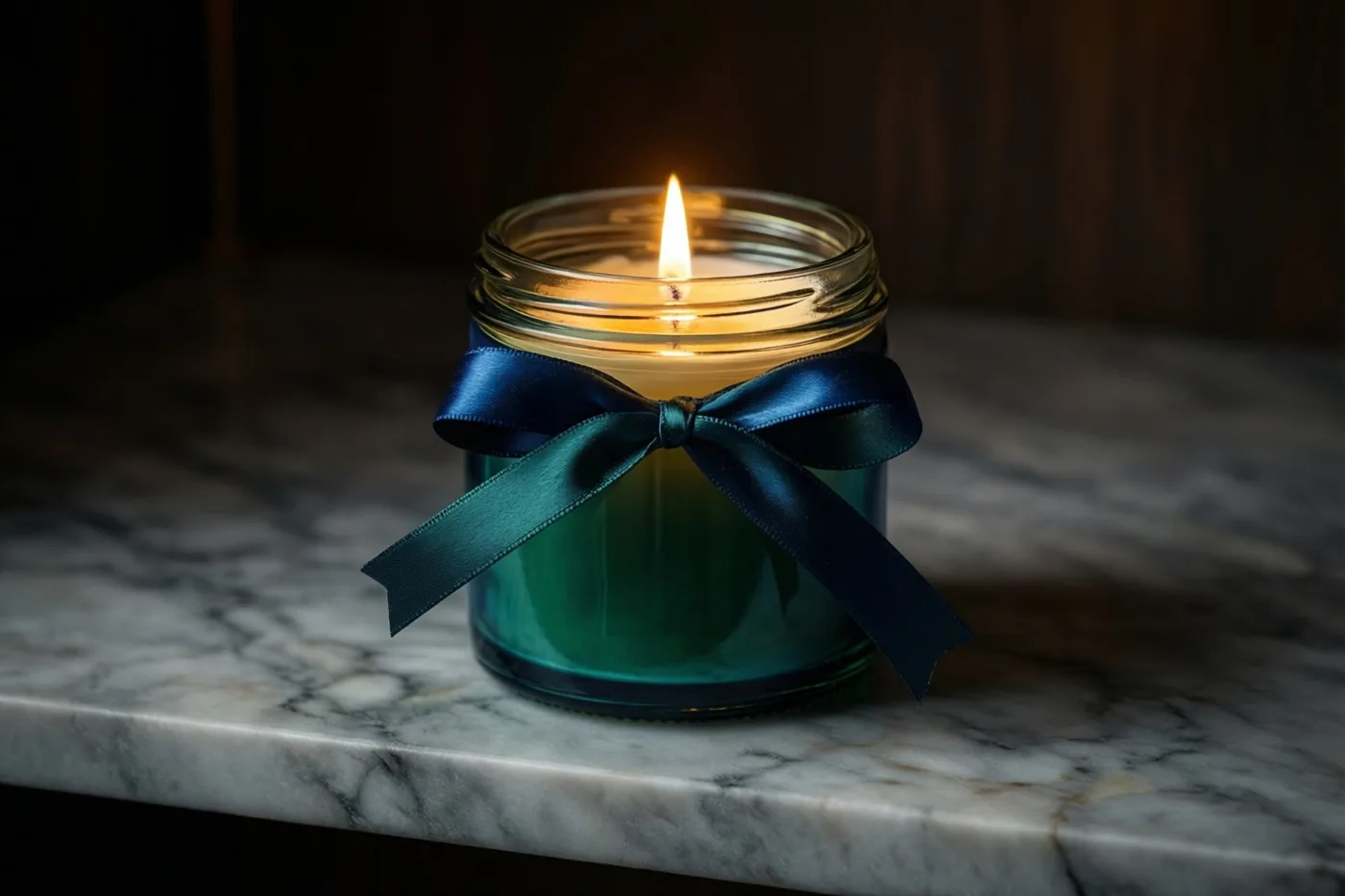 Een brandende kaars in een glazen pot met een blauw satijnen lint staat op een witgrijze marmeren plank in warm kaarslicht.