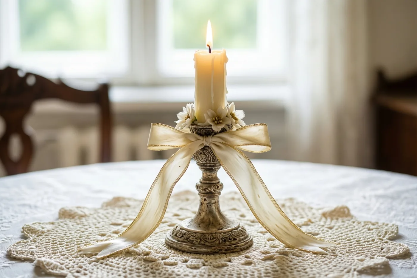 Een brandende ouderwetse kaars met witte bloemen van was en crèmekleurige satijnen linten staat in een sierlijke zilveren houder op een gehaakt kleedje in een oud salon.