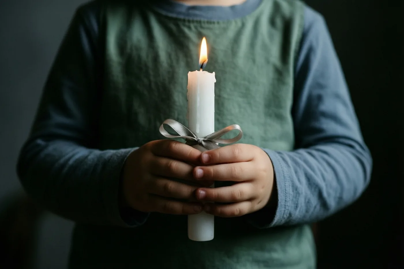 Kinderhanden houden een brandende witte kaars met een zilveren lint vast tegen een donkere achtergrond, zacht verlicht door de vlam.