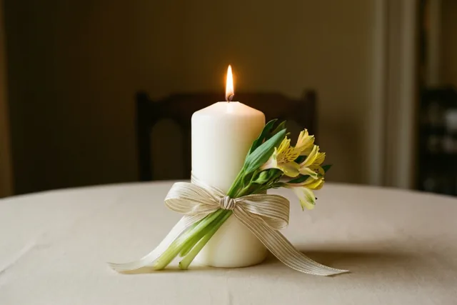 Een brandende witte kaars met een crèmekleurig lint en gele lentebloemen staat op een beige tafelkleed in zacht licht.