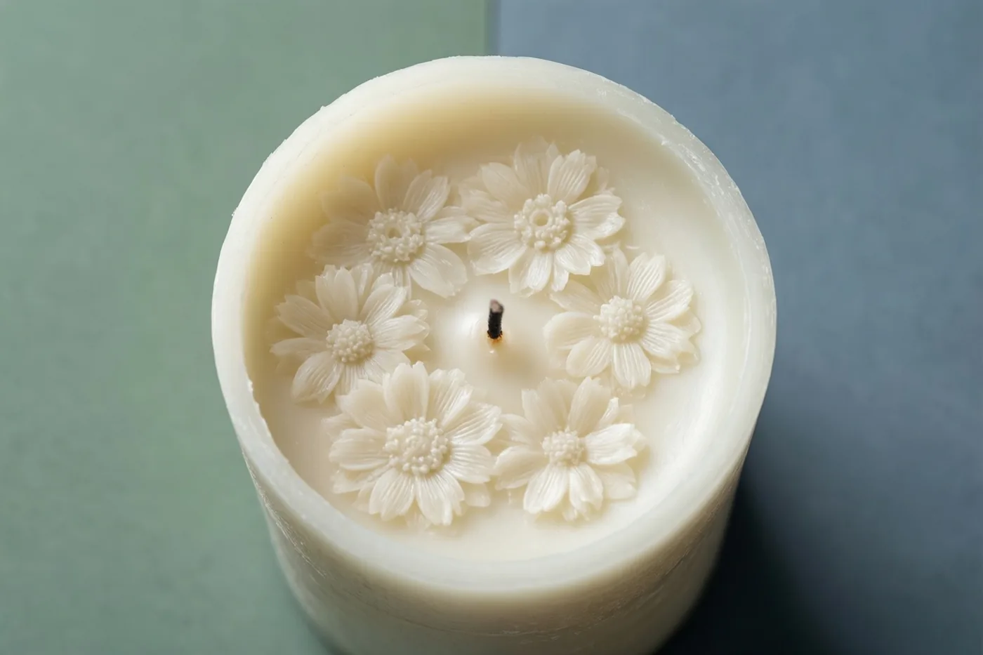 Een witte cilindervormige communiekaars met geperste bloemen in de was is van dichtbij te zien tegen een gedempte groenblauwe achtergrond.