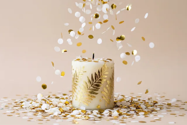 Een witte kaars met gouden bladmotieven staat op een beige oppervlak tussen vallende witte en gouden confetti.