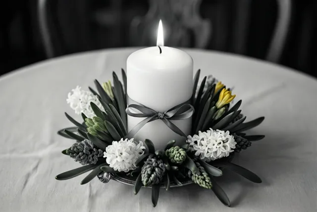 Een brandende witte kaars met een grijs lint staat in een bloemstuk van witte hyacinten, groene bladeren en gele bloemen op een wit tafelkleed.