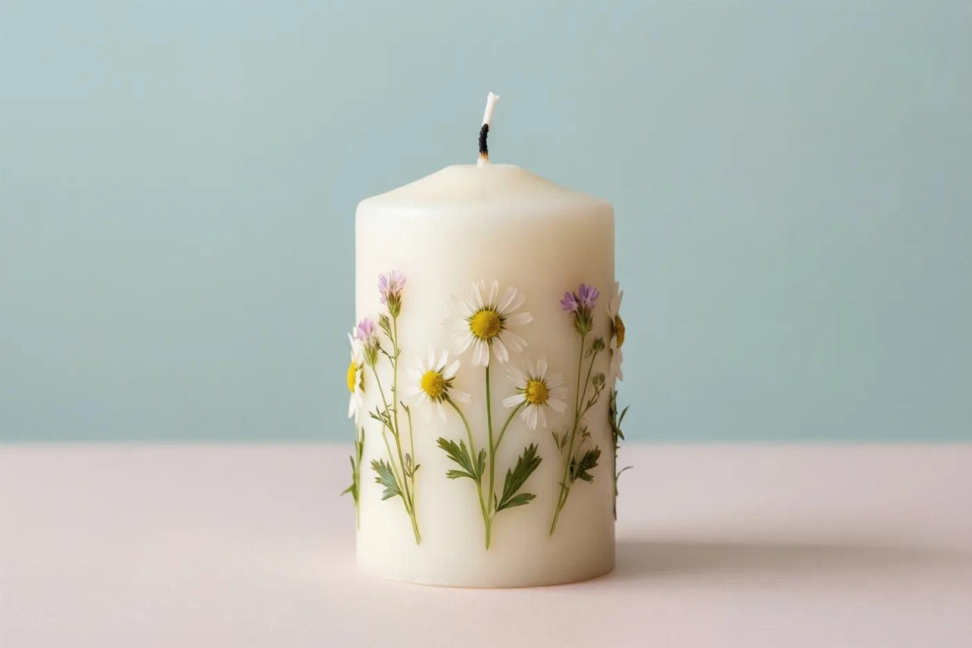 Een witte cilindervormige kaars met geperste madeliefjes en kleine paarse bloemen in de was staat op een lichtroze ondergrond tegen een zacht blauwgroene achtergrond.