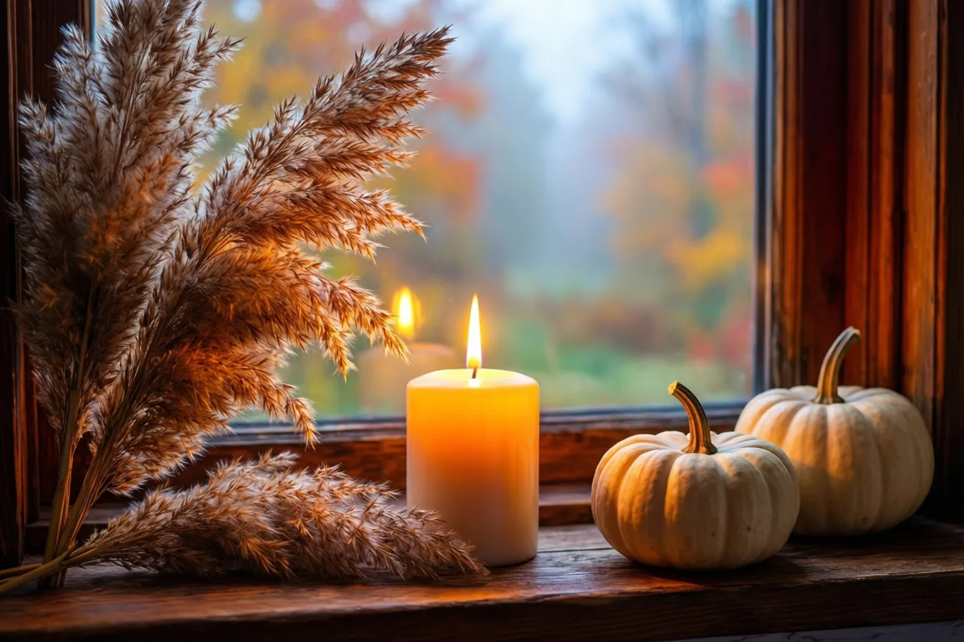 Een brandende kaars, gedroogd pampasgras en twee kleine bleke pompoenen staan op een vensterbank met zicht op een mistig herfstbos.