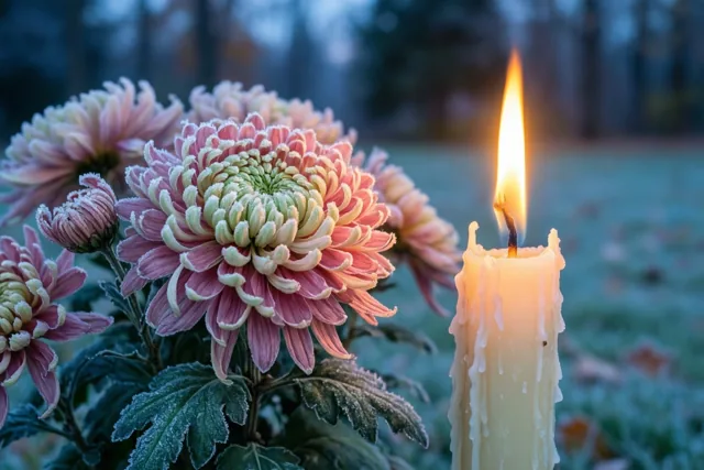 Een lichtje tussen bevroren bloemen