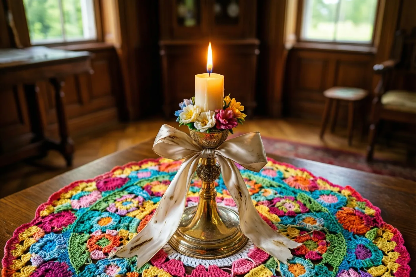 Een brandende communiekaars met verbleekte satijnen linten en bloemen van was staat op een kleurrijk gehaakt kleedje op een houten tafel in een oud salon met zacht daglicht.