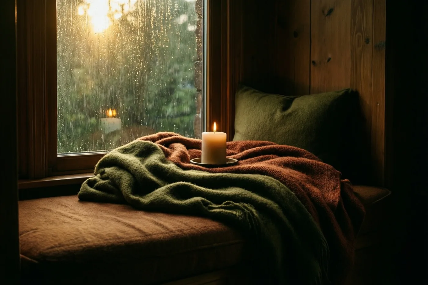Een brandende kaars staat op een zitbank bij het raam met een groenbruine kasjmieren deken, in een houten kamer met een kussen, terwijl zonlicht door de regenstrepen op het glas valt.