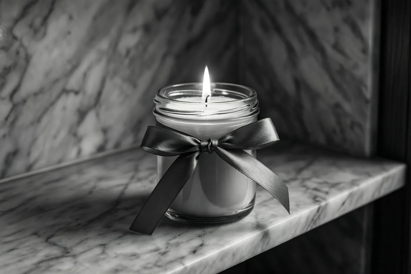 Een brandende kaars in een glazen pot met een satijnen lint staat op een marmeren plank in een monochroom beeld.