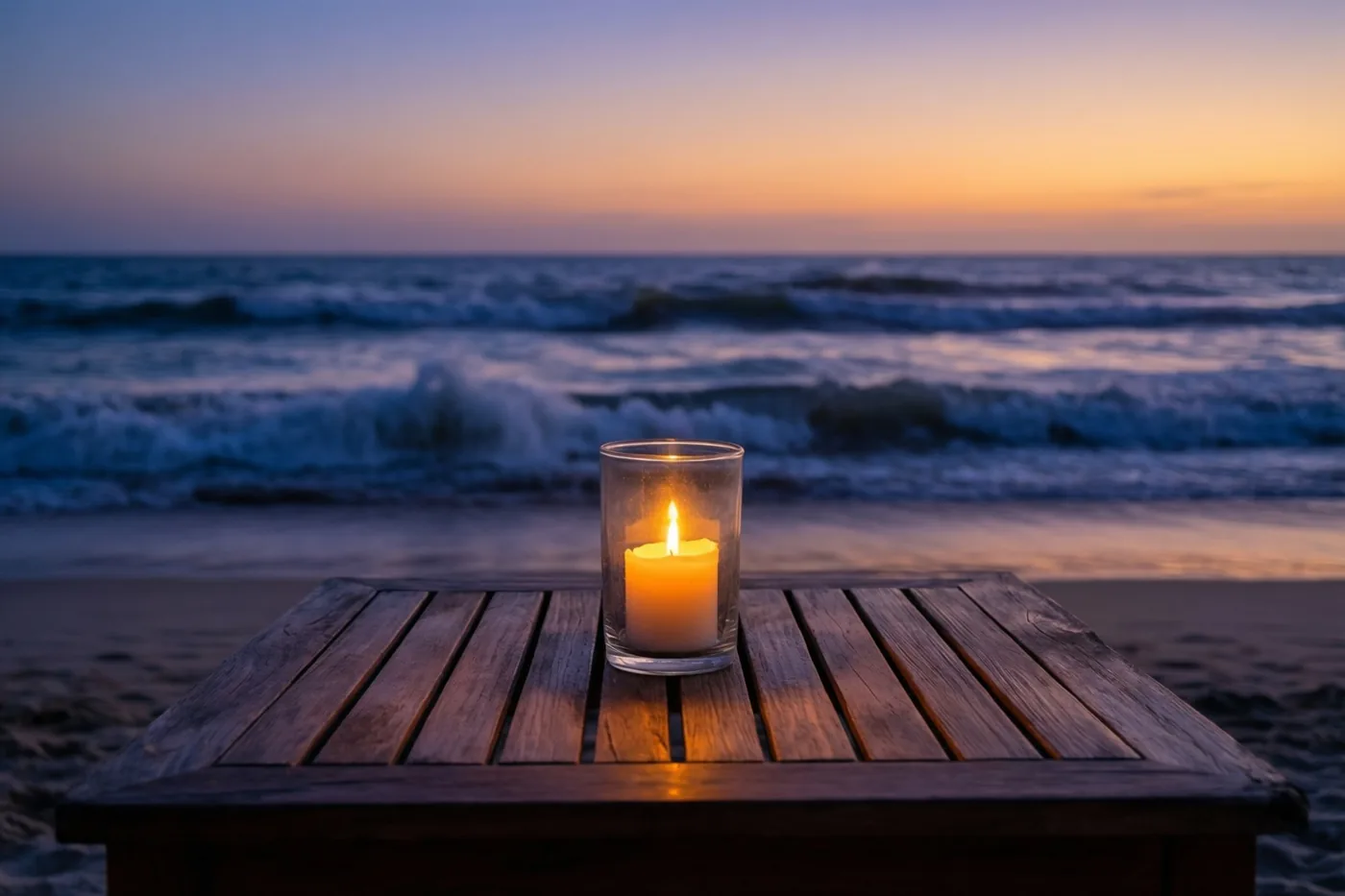 Een brandende kaars in een glazen houder staat op een houten lattentafel op het strand bij schemering, met aanrollende golven onder een oranje-paarse lucht.