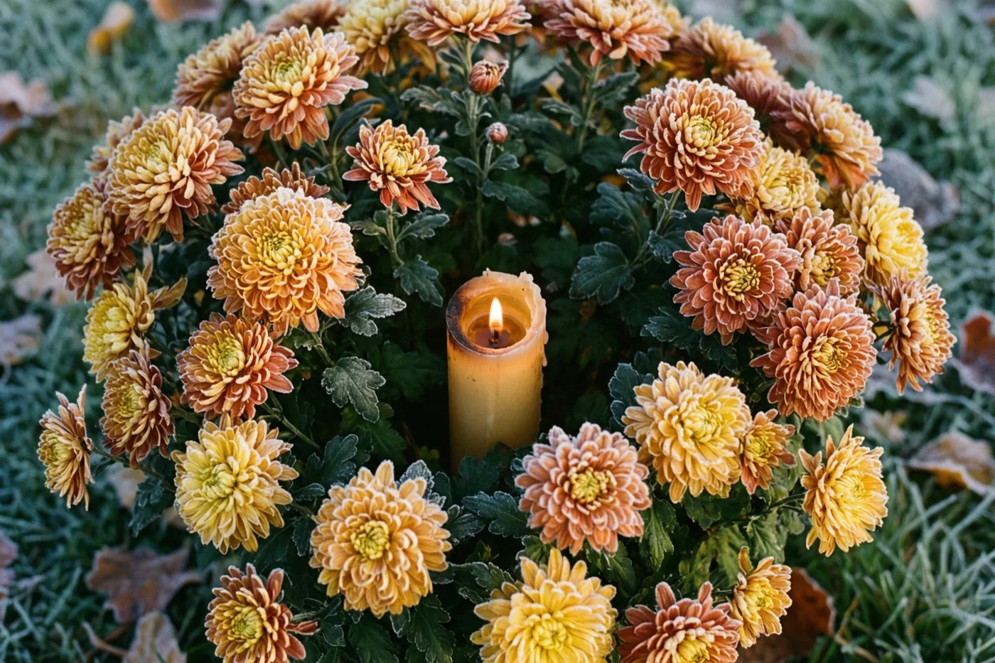 Bronskleurige chrysanten met rijp op hun bloemblaadjes en bladeren omringen een brandende kaars in een tuin op een vroege novemberochtend.
