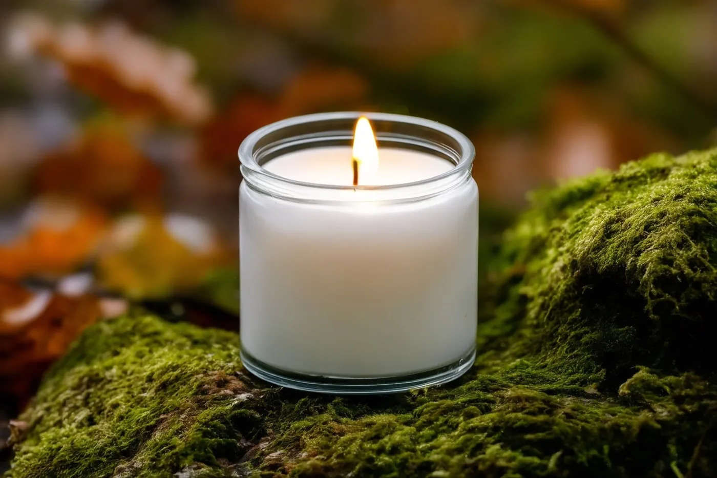 Een witte kaars brandt in een glazen pot op een bemoste steen, omringd door gevallen herfstbladeren in warm licht.