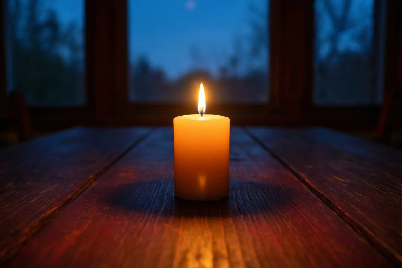 Een enkele kaars brandt op een donkere houten tafel voor een wazig raam met een schemerblauwe lucht.