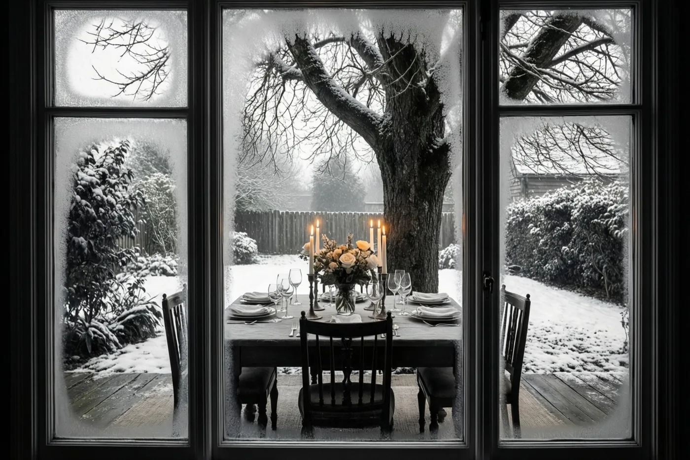 Vanuit een besneeuwde tuin is door een raam met meerdere ruiten een tafel met borden, glazen en brandende kaarsen te zien in een monochroom beeld met warm kaarslicht.
