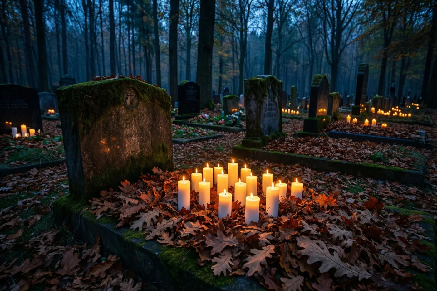 Brandende kaarsen staan tussen gevallen eikenbladeren aan de voet van met mos bedekte grafstenen op een bosbegraafplaats in de blauwe schemering.