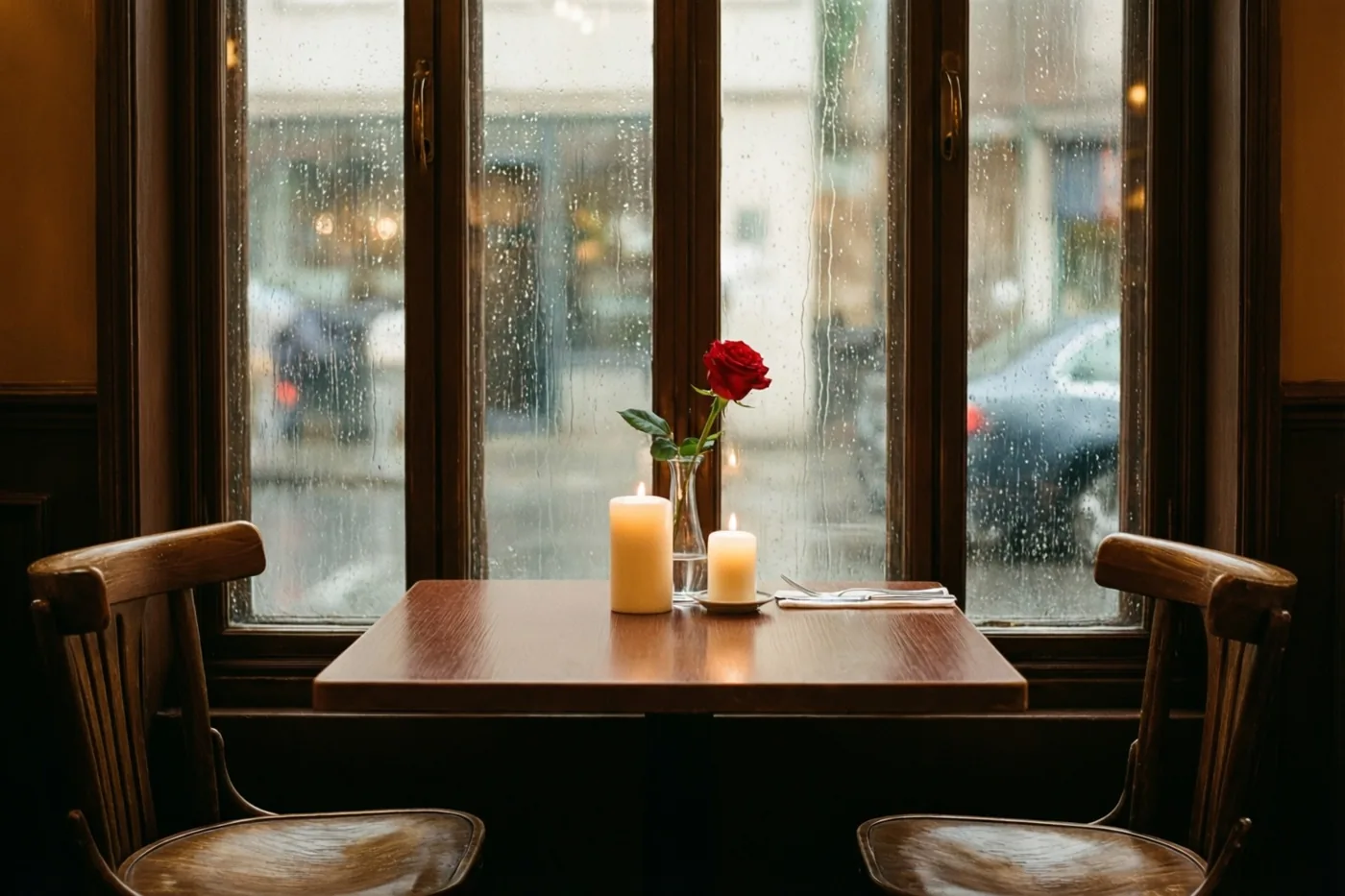 Door een met regenstrepen bedekte ruit is een houten tafel voor twee bij een groot caféraam te zien, met twee brandende kaarsen en een rode roos in een vaas.