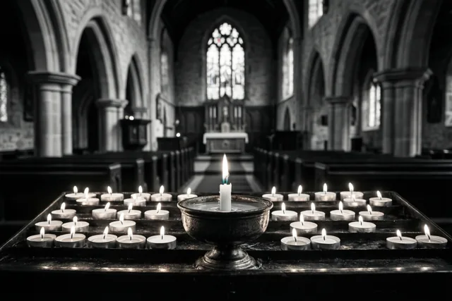 Een zwart-witfoto toont rijen theelichtjes op een donker oppervlak in een zijkapel van een oude stenen kerk, met een grote kaars in een metalen schaal en bogen op de achtergrond.