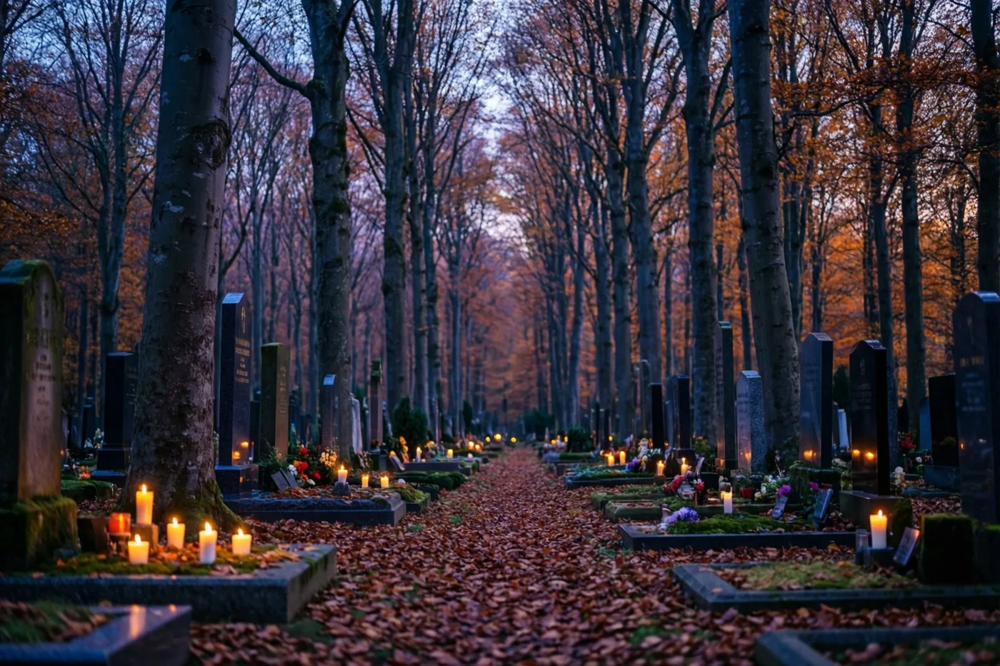Een pad met gevallen herfstbladeren loopt tussen graven en hoge beuken op een bosbegraafplaats, waar kleine kaarsen branden in de schemering.