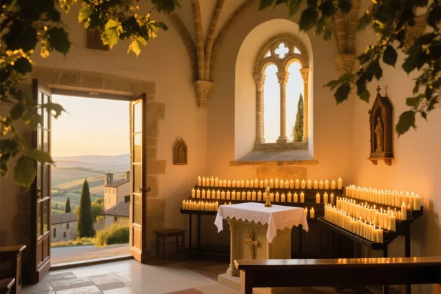 In een romaanse kerk branden rijen offerkaarsen voor een zijaltaar, met stenen architectuur in gouden licht en uitzicht op zonnig platteland door een open deur en een boogvenster.