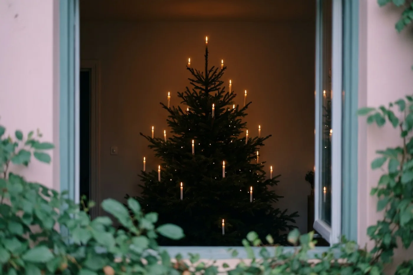 Door een open raam, omlijst door groen aan de buitenkant, is een kerstboom met brandende kaarsen in een donkere kamer te zien.