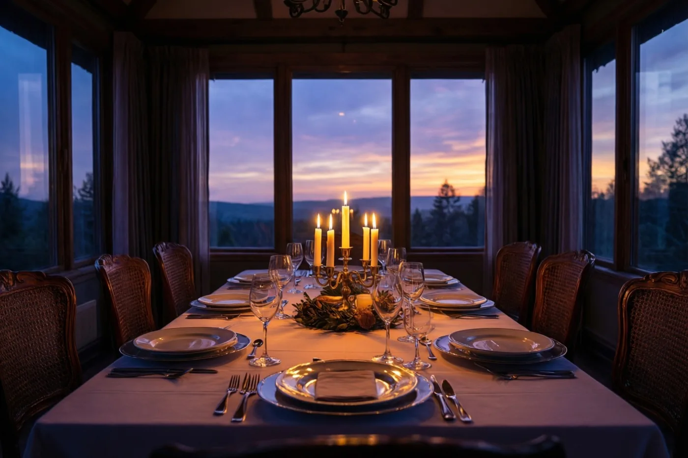 Een lange eettafel is gedekt voor acht personen met brandende kaarsen bij grote ramen die uitkijken op de zonsondergang boven een bosrijk landschap.