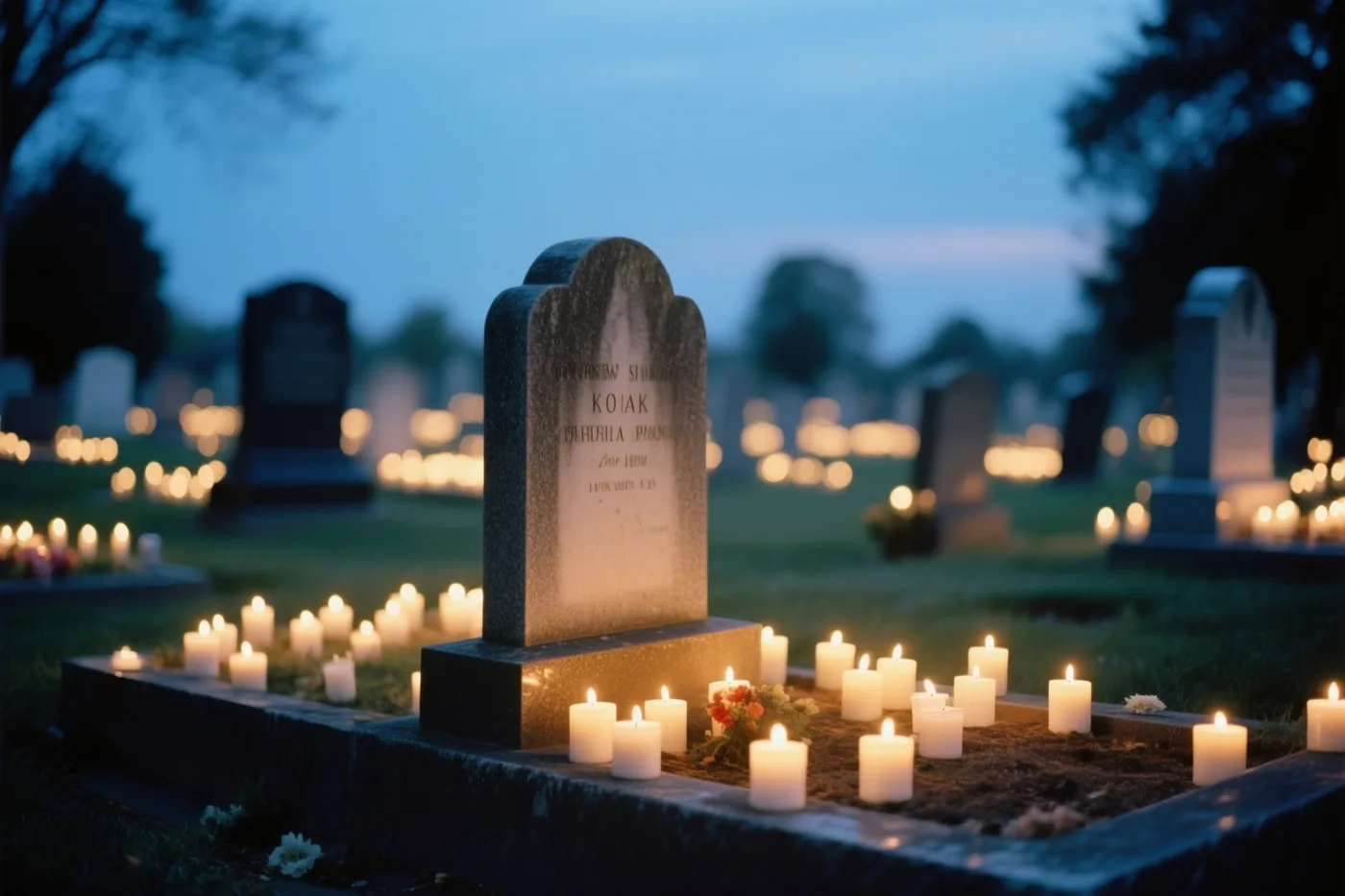 Honderden kleine kaarsen verlichten de graven op een stille begraafplaats onder een blauwe schemerlucht.