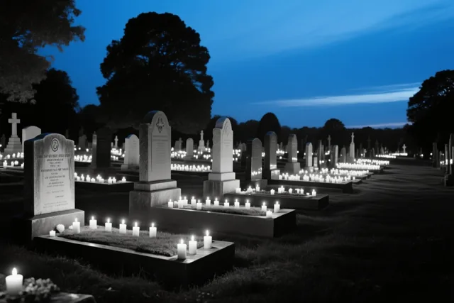 Honderden kleine kaarsen branden op graven onder een diepblauwe schemerlucht, met silhouetten van bomen op de achtergrond.