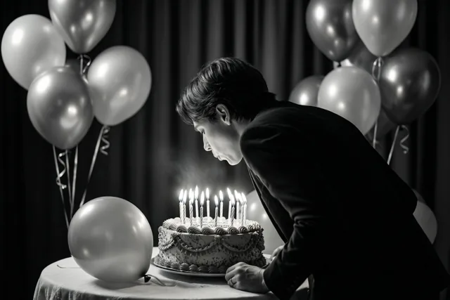 Op een monochrome foto buigt een persoon in een donker pak zich over een verjaardagstaart om de kaarsjes uit te blazen, met zilveren ballonnen rond de tafel en een donker gordijn achteraan.