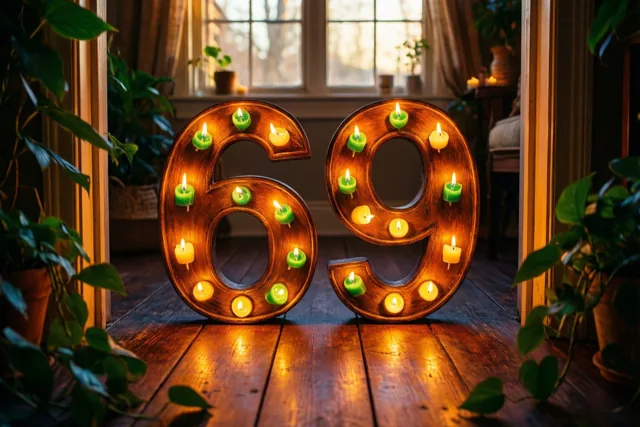 Brandende theelichtjes vormen 69 op een donkere houten vloer, met planten en een raam op de achtergrond.