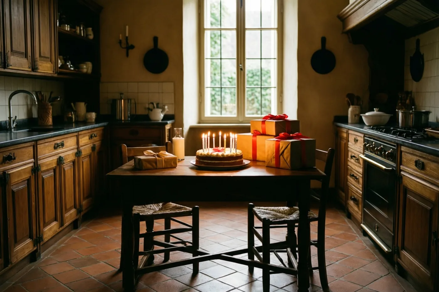 In een landelijke Vlaamse keuken met terracotta vloertegels en houten kasten staat een houten tafel met een verjaardagstaart met brandende kaarsjes en ingepakte cadeaus, verlicht door warm zonlicht uit een raam.