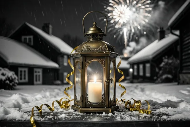 Een messing lantaarn met een brandende kaars staat tussen gouden slingers op een besneeuwde drempel, met besneeuwde huizen en zwak vuurwerk op de achtergrond.