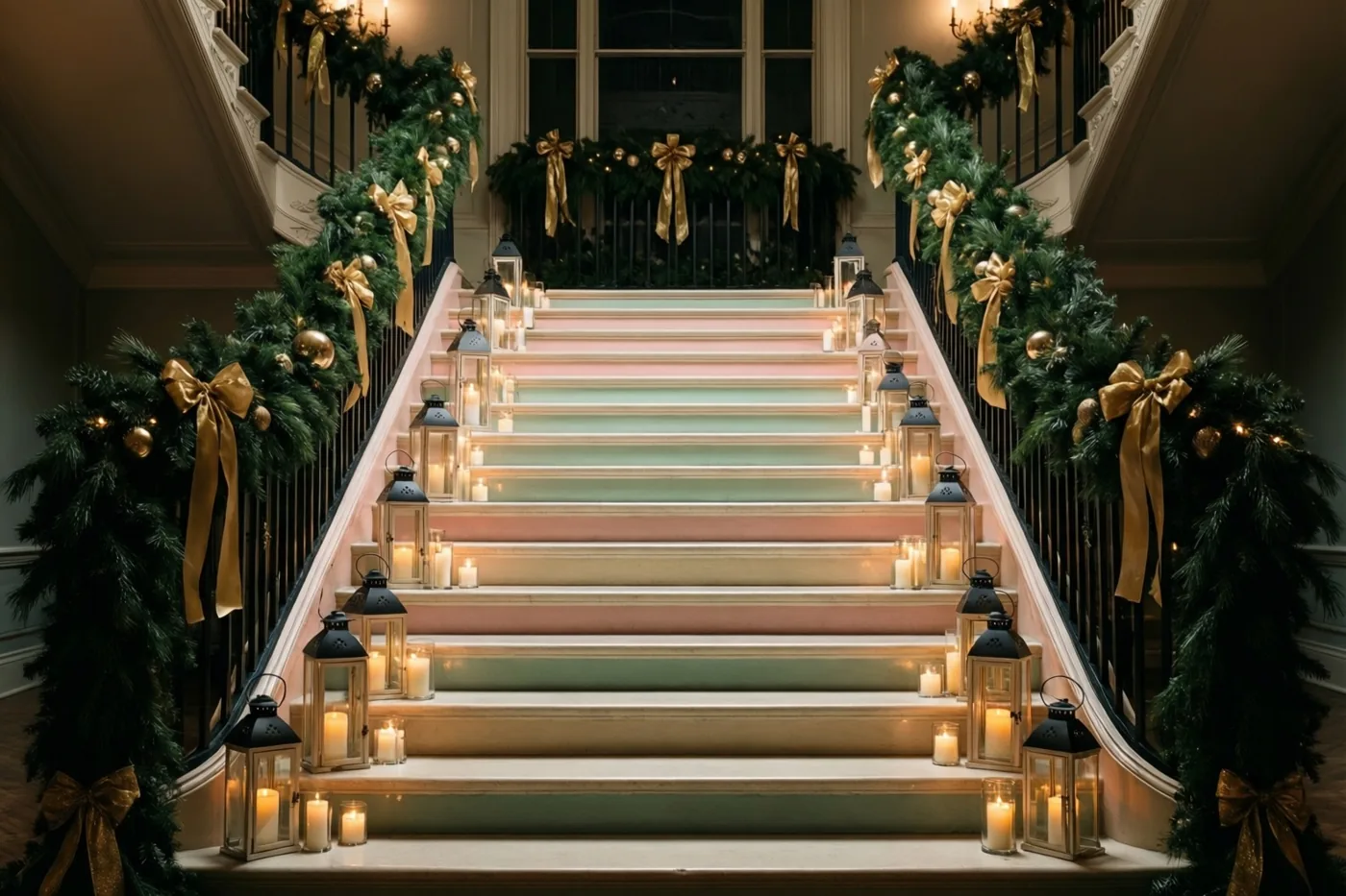 Een statige trap in een elegant interieur is versierd met volle dennenslingers, gouden linten en brandende kaarslantaarns op elke trede.
