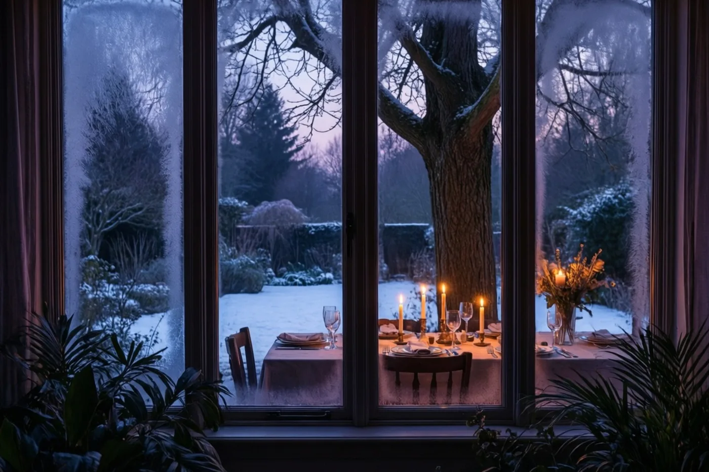 Door een groot raam is een gedekte tafel met brandende kaarsen zichtbaar, met buiten een besneeuwde tuin en boom in blauwe en paarse winterschemering.