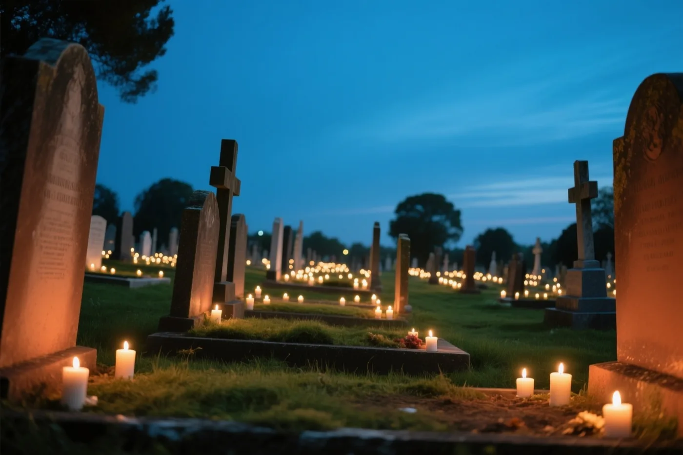 Honderden kleine kaarsen branden op de graven van een kerkhof met groen gras onder een diepblauwe avondhemel.