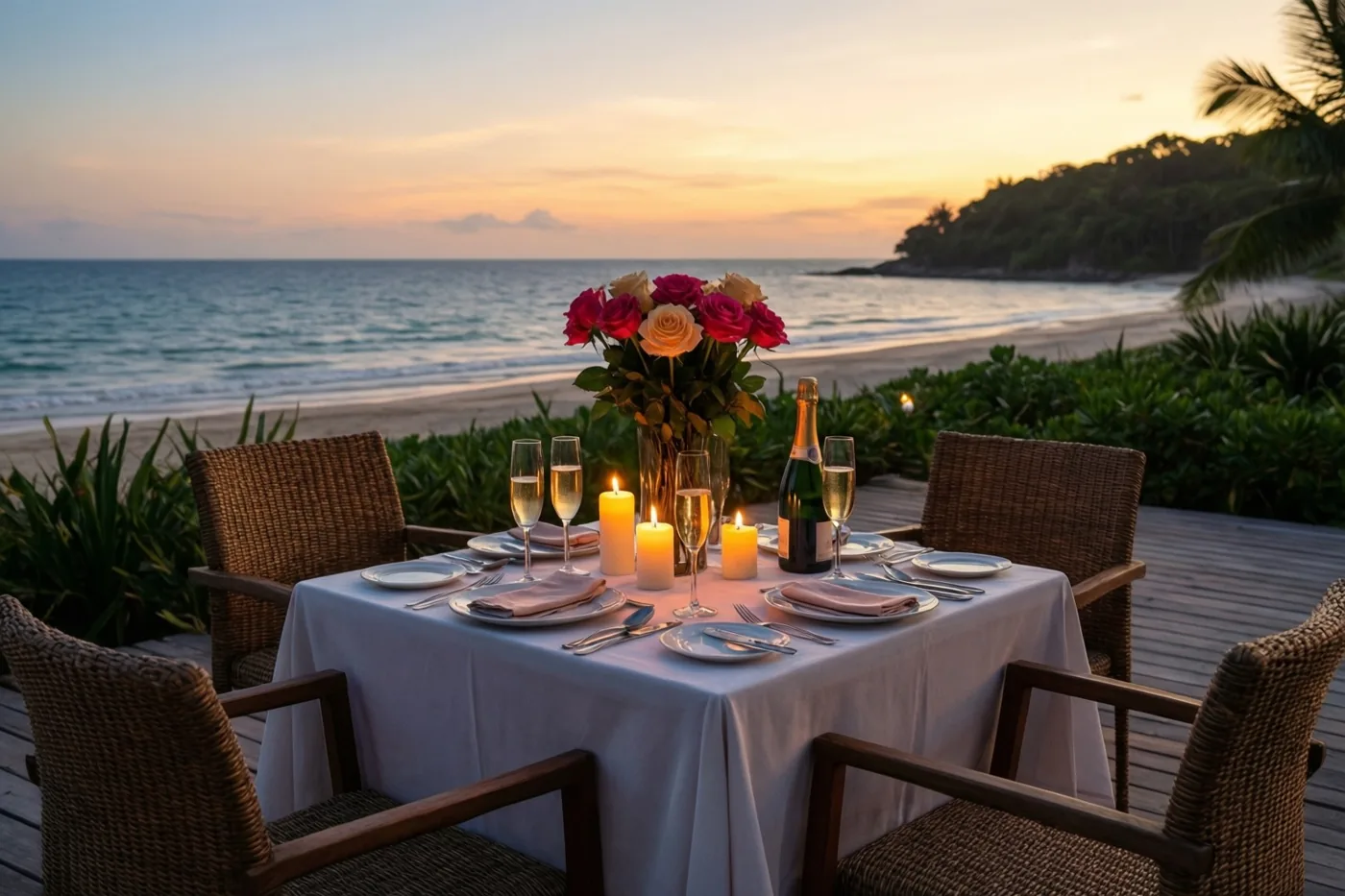 Een tafel voor twee met kaarsen, een vaas rozen en champagneflessen staat bij schemering op een houten strandterras, met de zee en palmbomen op de achtergrond.