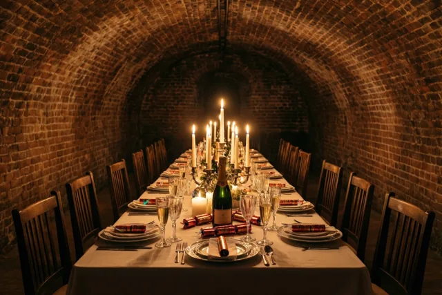 Een lange tafel met champagneglazen en veel brandende kaarsen staat gedekt voor een oudejaarsdiner in een bakstenen gewelfkelder.