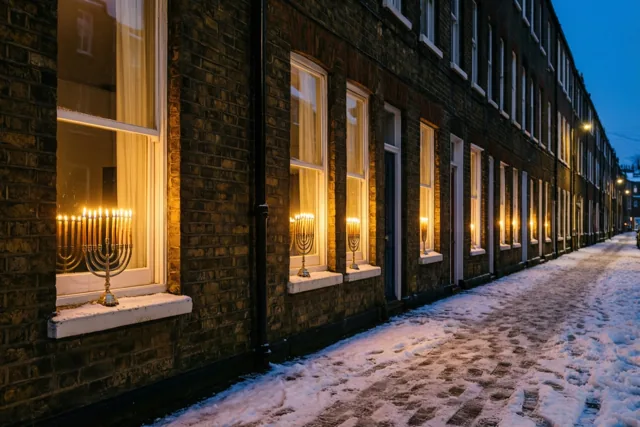 In een besneeuwde straat met bakstenen rijhuizen staat achter elk raam een brandende kandelaar onder een blauwe schemerlucht.