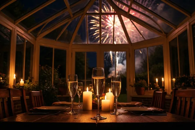 Een houten eettafel met champagneglazen en brandende kaarsen staat in een glazen veranda, met vuurwerk zichtbaar door het dak in de nachtelijke hemel.