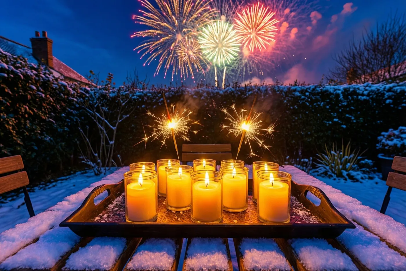 Een dienblad met brandende theelichtjes en sterretjes staat op een besneeuwde tuintafel, met kleurrijk vuurwerk boven een haag tegen de donkerblauwe nachthemel.