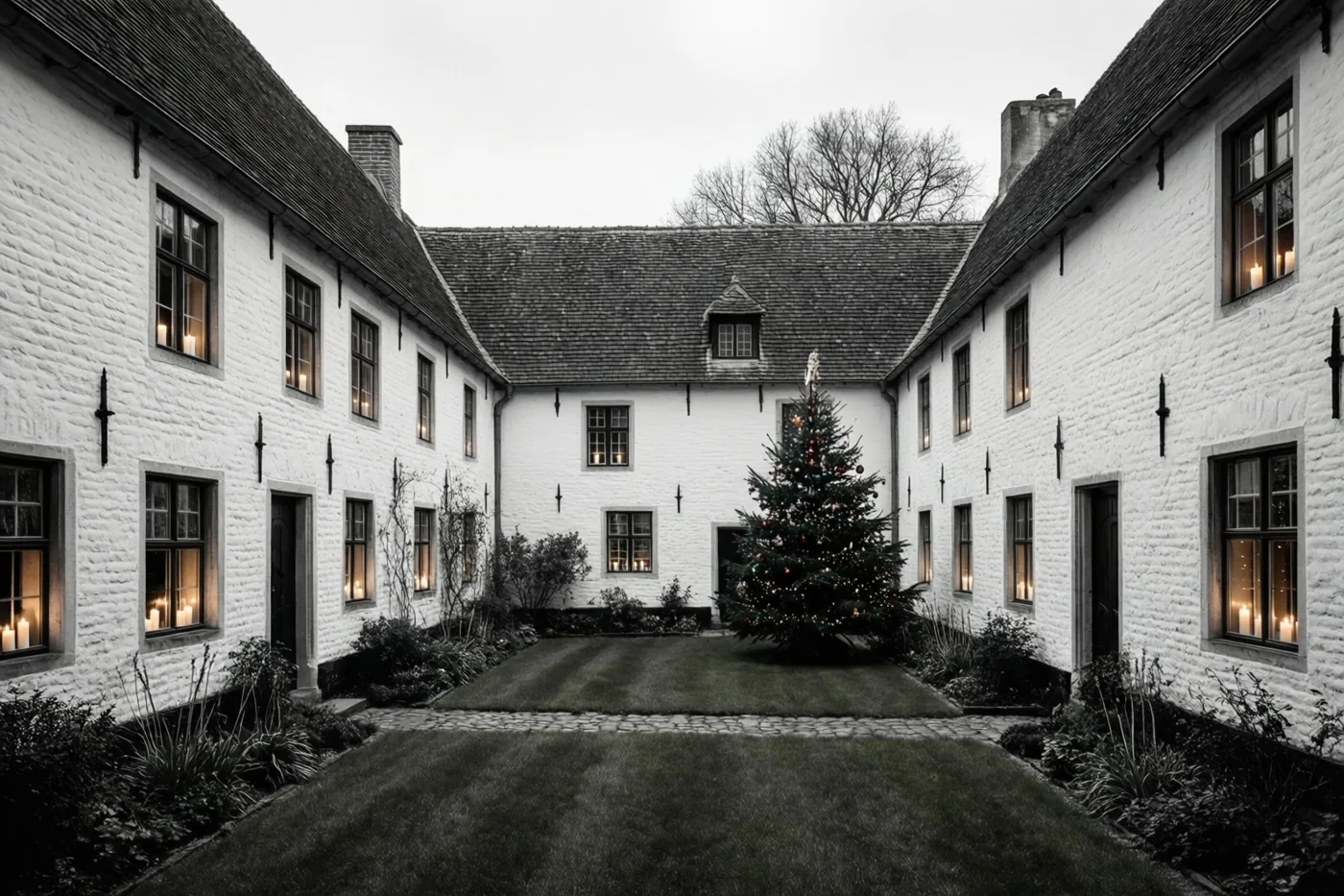 Een binnenplein tussen witgekalkte gebouwen heeft brandende kaarsen voor de ramen en een versierde kerstboom op het gras onder een bewolkte hemel.