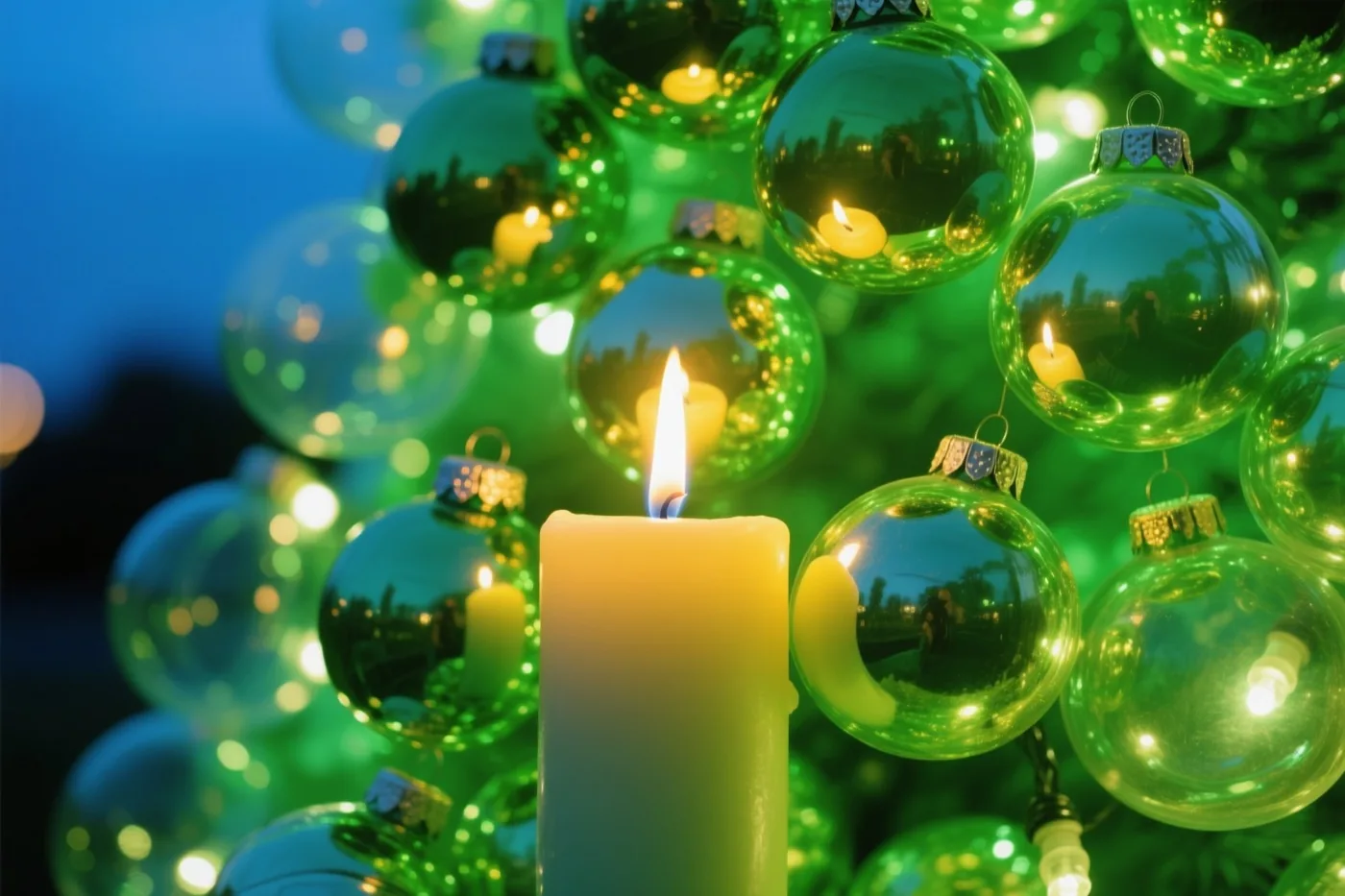 Een brandende kaars staat voor een groep groene glazen kerstballen die de vlam meermaals weerspiegelen, tegen een donkerblauwe achtergrond.