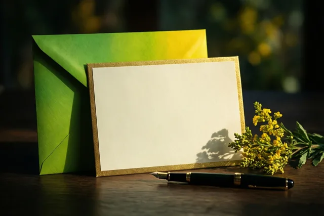 Een blanco kaart met gouden rand ligt naast een groene envelop, een vulpen en een takje gele bloemen op hout in warm daglicht.