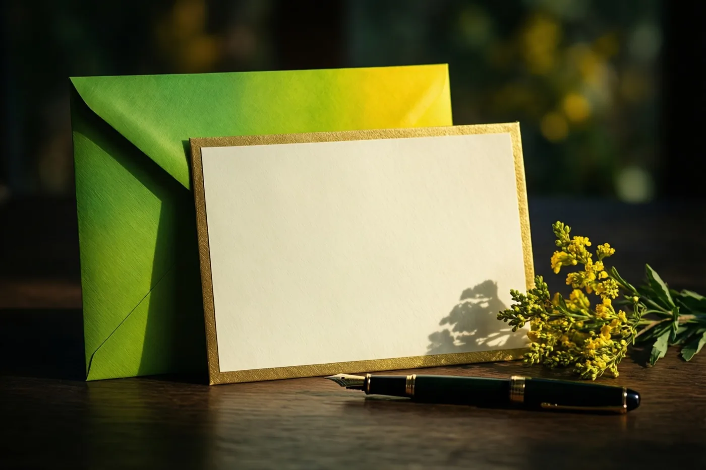 Een blanco kaart met gouden rand ligt naast een groene envelop, een vulpen en een takje gele bloemen op hout in warm daglicht.