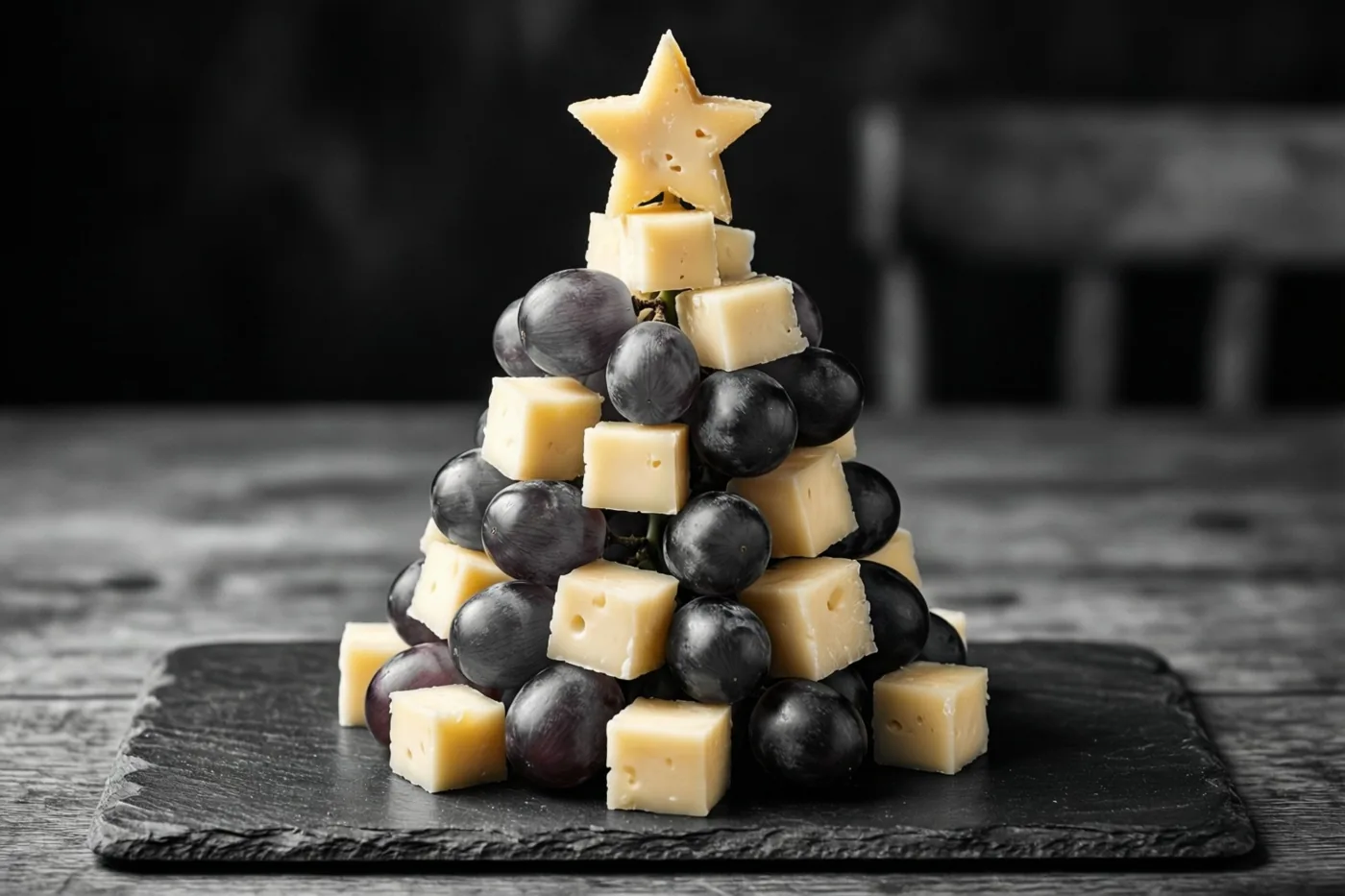 Kaasblokjes en donkere druiven vormen een kerstboom met een kaasster op een zwarte leistenen plank op donker hout.