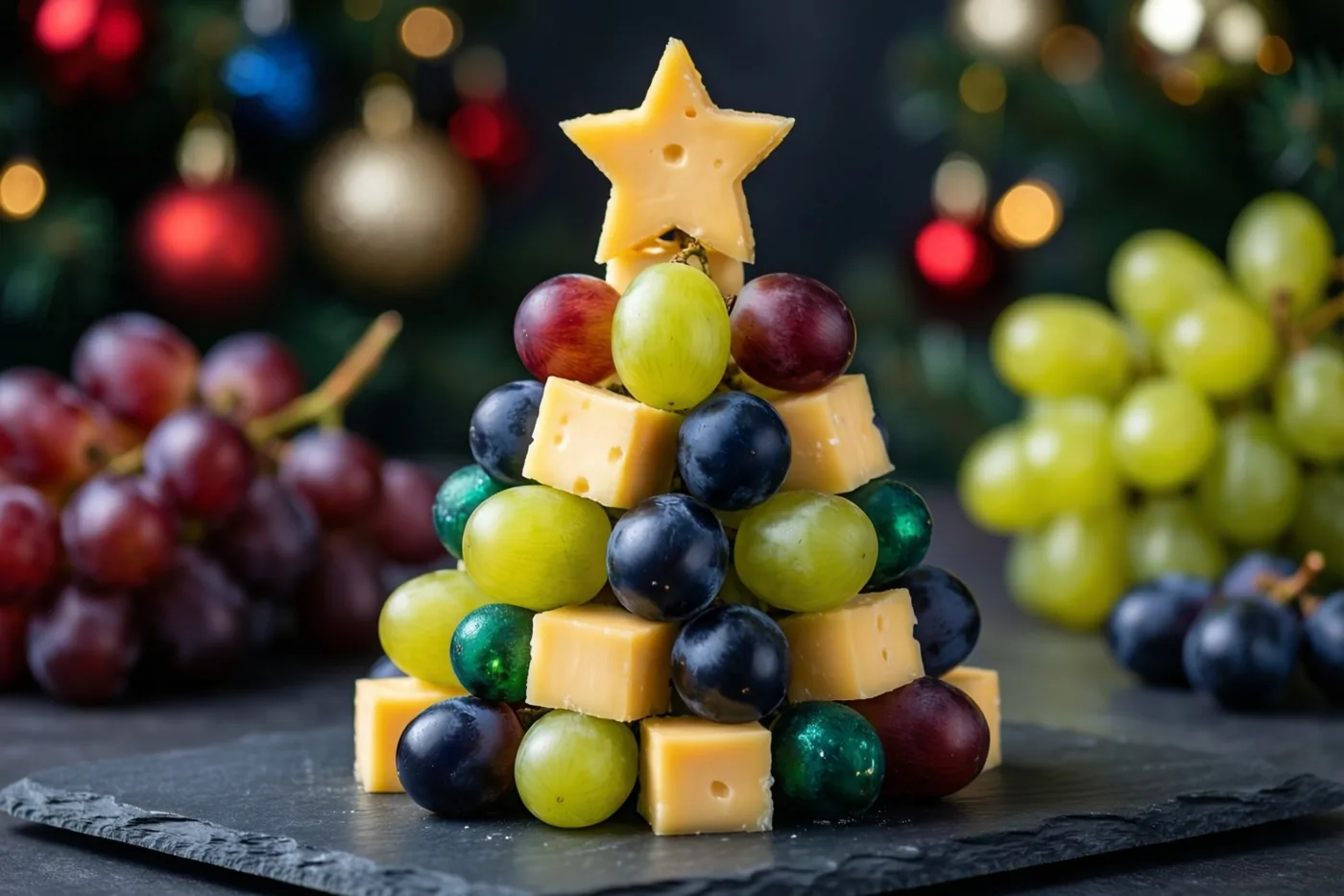Blokjes kaas en druiven vormen een kerstboom met een kaasster op een leistenen plank, met onscherpe kerstversiering, druiventrossen en warme lichtjes op de achtergrond.