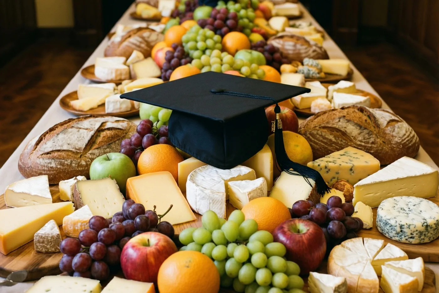 Een lange tafel met verschillende kazen, vers fruit en krokante broden rond een zwart afstudeerhoedje staat in een zacht verlichte binnenruimte met een houten vloer.