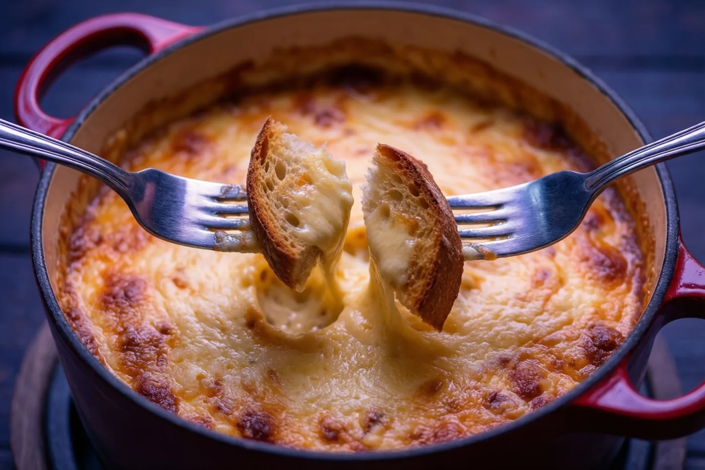 Twee vorken houden stukjes brood in borrelende kaasfondue in een rode geëmailleerde pot, warm belicht tegen een donkere achtergrond.