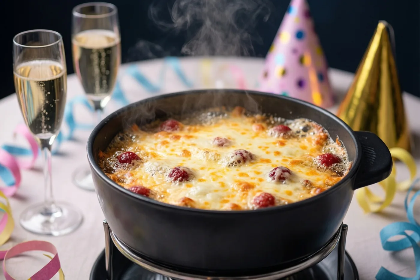 Een zwarte pot dampende kaasfondue met frambozen staat tussen champagneglazen, feesthoedjes en kleurrijke slingers tegen een donkere achtergrond.