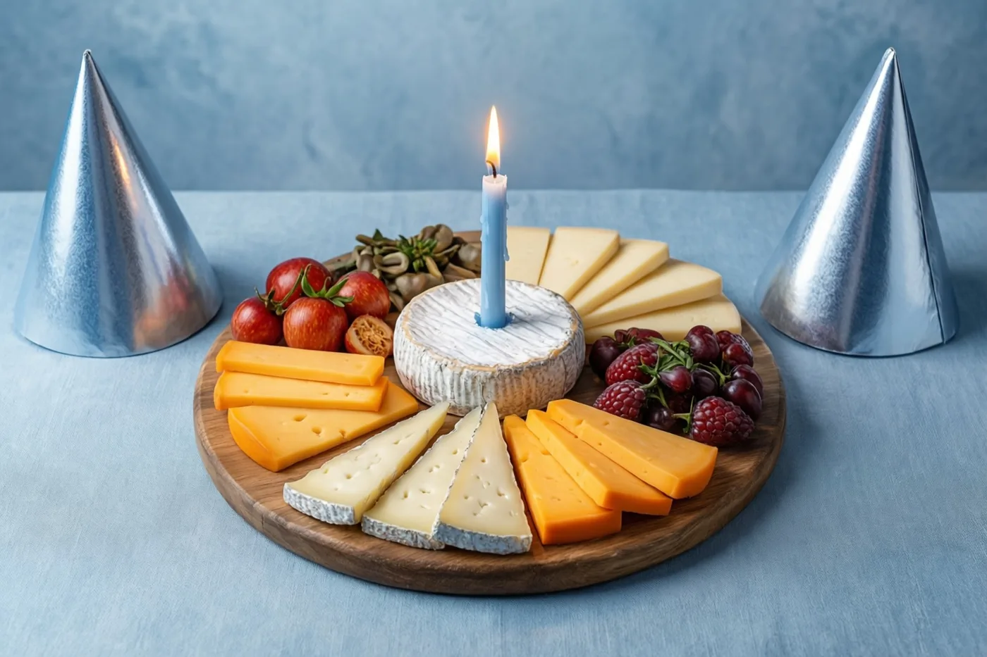 Een houten plank met kazen, fruit en een brandend blauw kaarsje staat tussen twee zilverkleurige feesthoedjes op een blauw tafelkleed tegen een blauwe achtergrond met structuur.